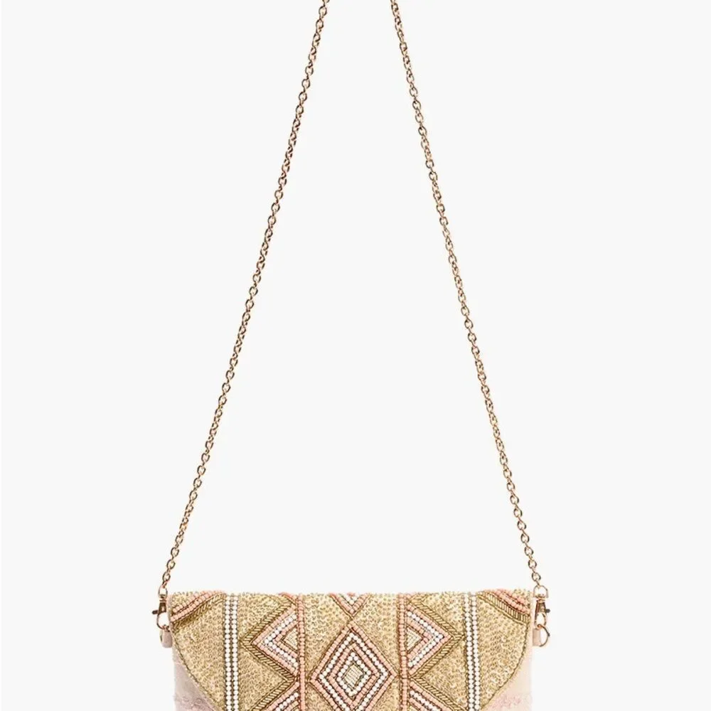 NWT AMERICA & BEYOND Rose Gold Envelope Clutch Crossbody Bag Beaded Boho